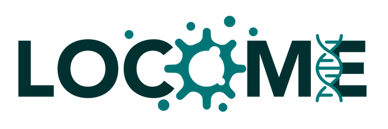 Locome logo- the second O is a different colour and looks like a cell with a group of atoms inside, and the vertical line for the E is a DNA double helix