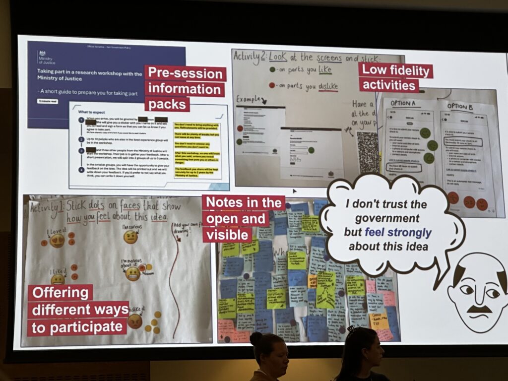 slide on the screen with 2 of the speakers in front of it. The slide mentions the pre-session information packs, the notes which were in the open, some of the low fidelity activities and how they have offered different way to participate.  There is a persona saying: ' I don't trust the government but feel strongly about this idea'.