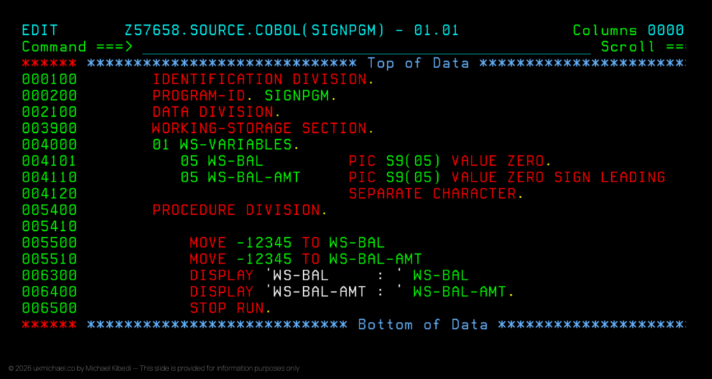 some COBOL code in green, white and red on a black screen with a line of stars and the text: top of data et the top and the same line below stating bottom of the data